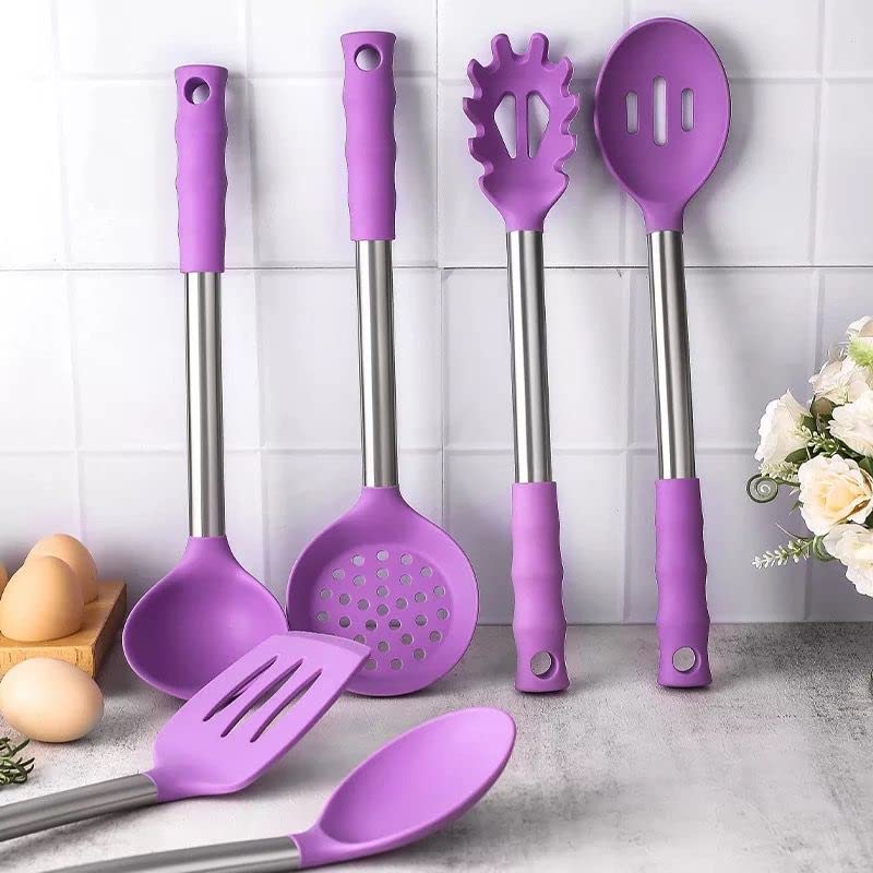 Cherryland 11 Pcs Silicone Kitchen Utensils Set Cooking Utensils Set with Heat Resistant BPAFree Silicone and Stainless Steel Handle Kitchen Tools Set Purple 11 Pcs Steel Handle spaula Purple - Image 3