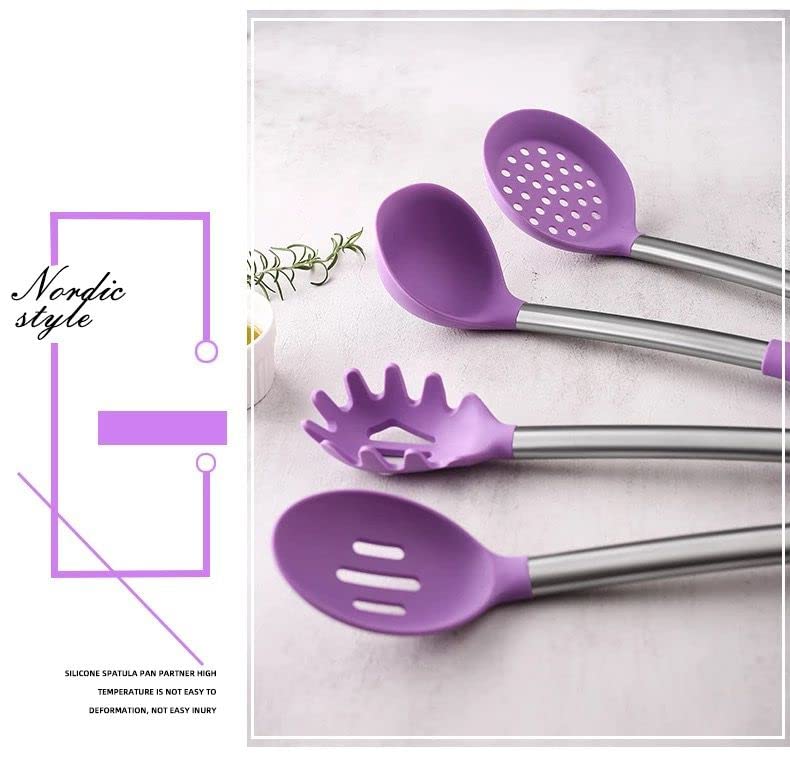 Cherryland 11 Pcs Silicone Kitchen Utensils Set Cooking Utensils Set with Heat Resistant BPAFree Silicone and Stainless Steel Handle Kitchen Tools Set Purple 11 Pcs Steel Handle spaula Purple - Image 4