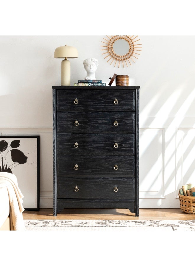 DOOHWAN Solid Wood Dresser for Bedroom- Natural Wood Veneers & Water Based Paint Finished- Vintage Chests of Drawers, 5 Drawer Tall Dresser - Image 1