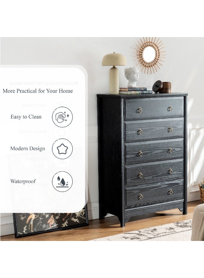 DOOHWAN Solid Wood Dresser for Bedroom- Natural Wood Veneers & Water Based Paint Finished- Vintage Chests of Drawers, 5 Drawer Tall Dresser - Image 5