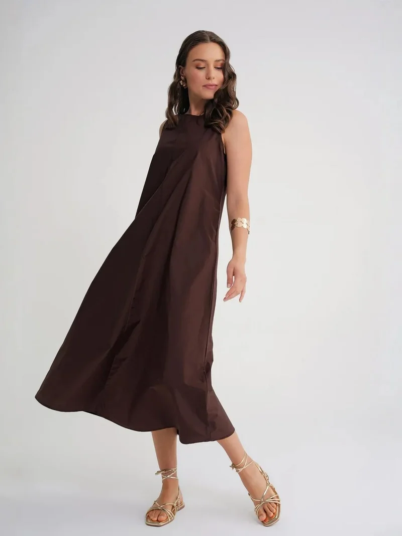 Mixray Coffee Brown MIXRAY Maxi poplin dress with pockets for Women | Best Price UAE