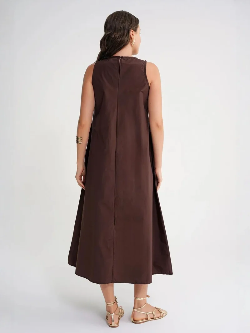 Mixray Coffee Brown MIXRAY Maxi poplin dress with pockets for Women | Best Price UAE