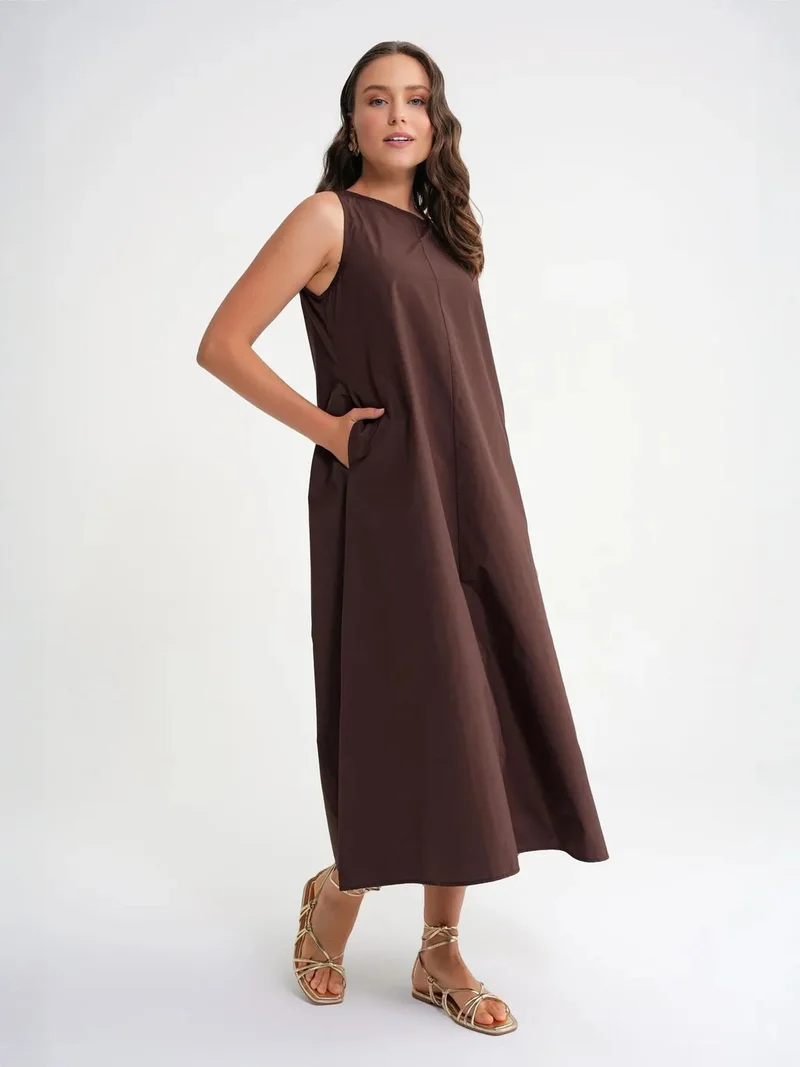 Mixray Coffee Brown MIXRAY Maxi poplin dress with pockets for Women | Best Price UAE