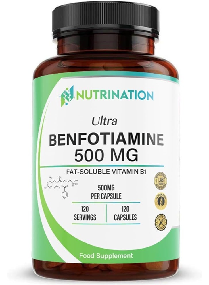Nutri Nation بنفوتيامين 500 ملغ – فيتامين B1 القابل للذوبان في الدهون (الثيامين) لصحة الأعصاب وتعزيز القدرات الإدراكية | نباتي – 120 كبسولة - Image 1