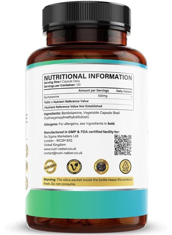 Nutri Nation بنفوتيامين 500 ملغ – فيتامين B1 القابل للذوبان في الدهون (الثيامين) لصحة الأعصاب وتعزيز القدرات الإدراكية | نباتي – 120 كبسولة - Image 2
