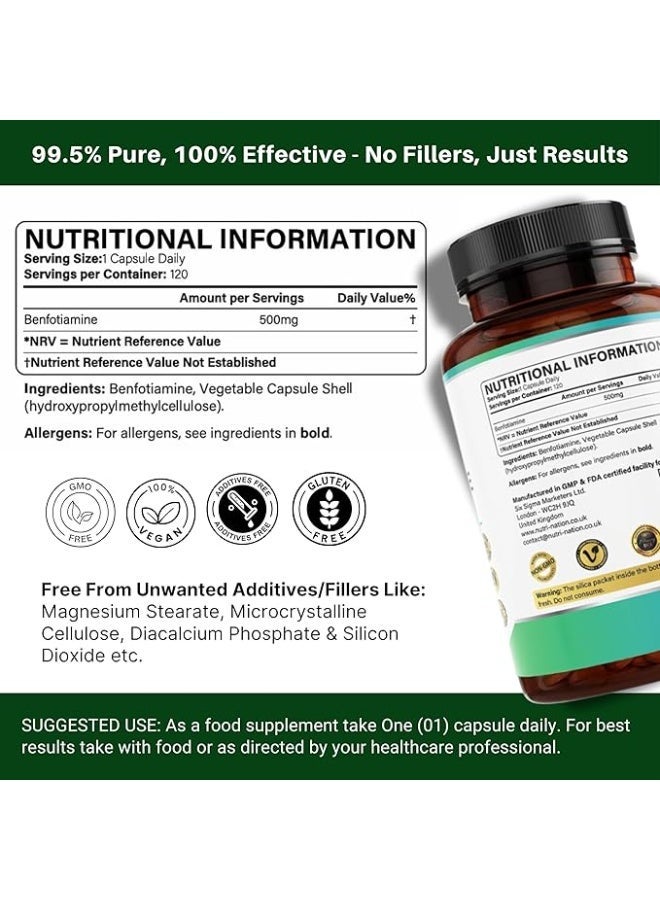 Nutri Nation بنفوتيامين 500 ملغ – فيتامين B1 القابل للذوبان في الدهون (الثيامين) لصحة الأعصاب وتعزيز القدرات الإدراكية | نباتي – 120 كبسولة - Image 3