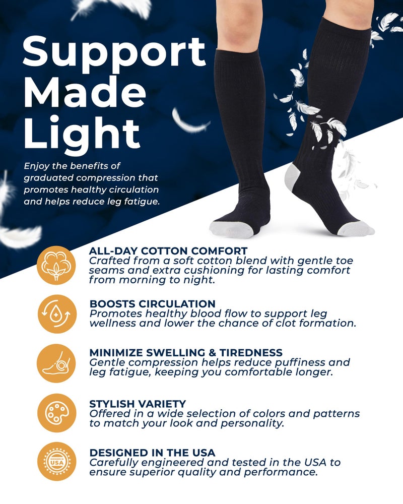 Pembrook Light Compression Socks for Men & Women Cotton - 3 Pairs | 8-15 mmhg Compression Socks Women, Knee High Length Knee High Comfort and Support | Black - Image 2