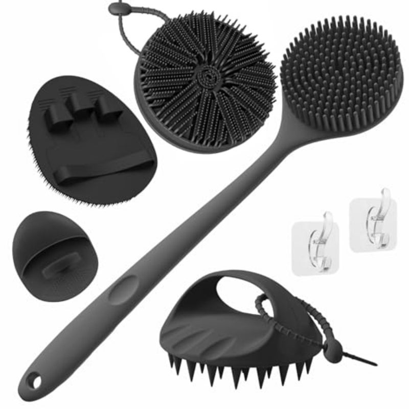 Silicone Back Scrubber and Soft Bath Glove, Silicone Scalp Massager Set 5 PCS, Super-Exfoliating Body Scrubber Shower Brush and Shampoo Brush Combination, with 2 Free Hooks Style 2 Black - Image 1