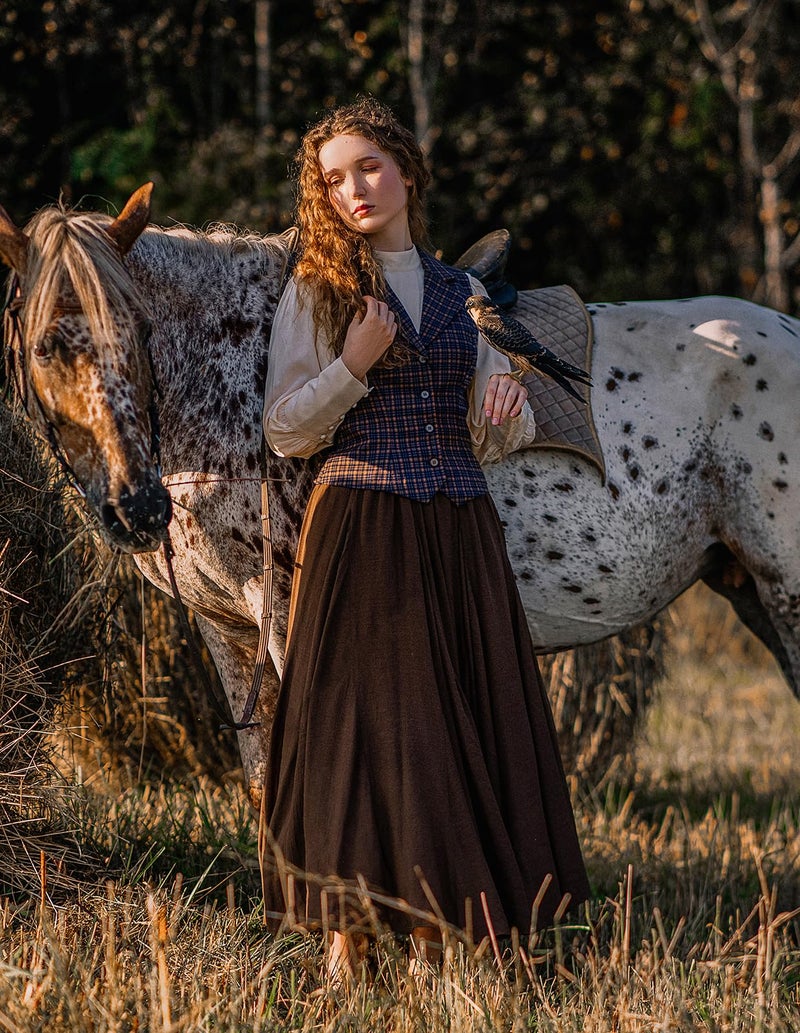 Women Renaissance Long Maxi Skirt High Waist Flowy A Line Skirts Brown L - Image 5