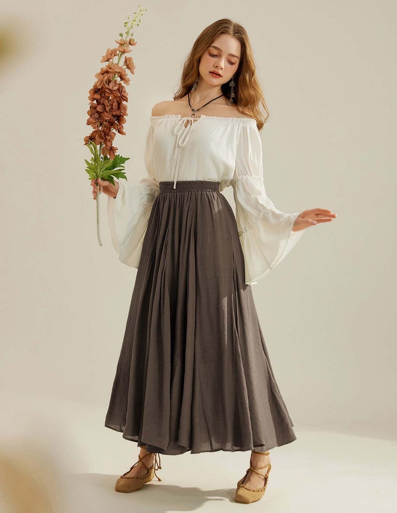 Women Renaissance Long Maxi Skirt High Waist Flowy A Line Skirts Brown L - Image 3