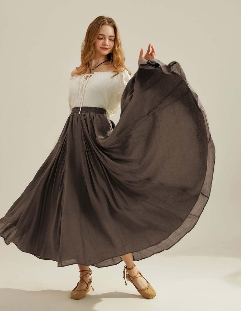 Women Renaissance Long Maxi Skirt High Waist Flowy A Line Skirts Brown L - Image 2