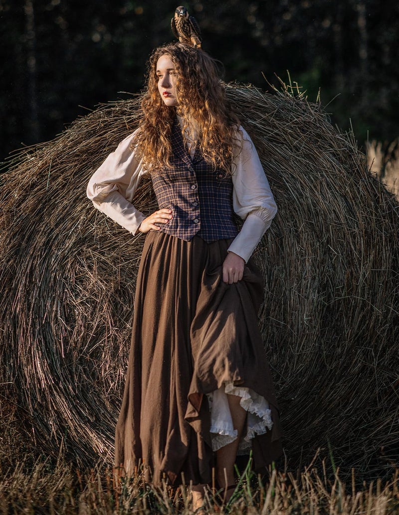 Women Renaissance Long Maxi Skirt High Waist Flowy A Line Skirts Brown L - Image 4