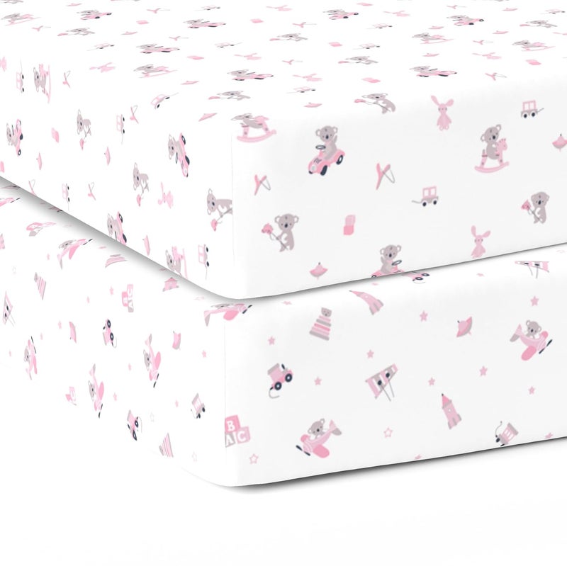 The White Cradle Cotton Baby Crib Fitted Bed Sheets for Cot Organic Twill Fabric Baby Bedding for New Born Infants Toddlers 38x24 Pack of 2 The White Cradle Pink Bear 1 and 2 - Image 1
