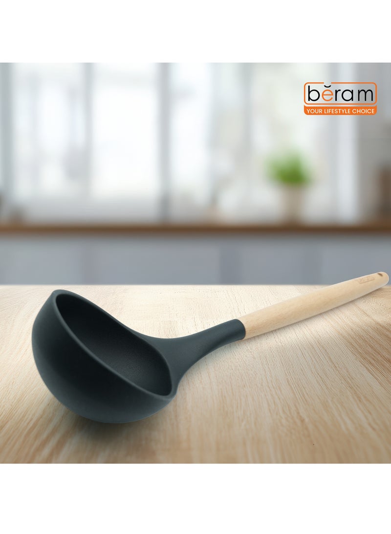 بيرام مجموعة أدوات طهي بيرام المصنوعة من السيليكون بمقابض خشبية مقاومة للحرارة وخالية من مادة BPA وغير لاصقة، أدوات مطبخ للطهي والخبز والخلط والتحريك والتقديم والقلي والشواء - لون أسود (مغرفة حساء واحدة) - Image 2