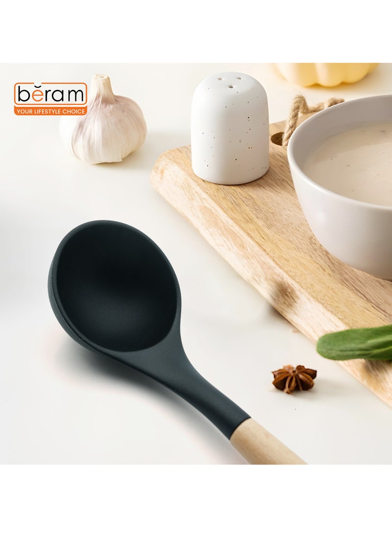 بيرام مجموعة أدوات طهي بيرام المصنوعة من السيليكون بمقابض خشبية مقاومة للحرارة وخالية من مادة BPA وغير لاصقة، أدوات مطبخ للطهي والخبز والخلط والتحريك والتقديم والقلي والشواء - لون أسود (مغرفة حساء واحدة) - Image 5