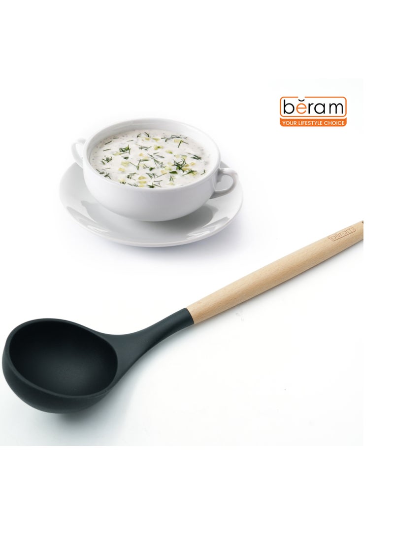 بيرام مجموعة أدوات طهي بيرام المصنوعة من السيليكون بمقابض خشبية مقاومة للحرارة وخالية من مادة BPA وغير لاصقة، أدوات مطبخ للطهي والخبز والخلط والتحريك والتقديم والقلي والشواء - لون أسود (مغرفة حساء واحدة) - Image 4