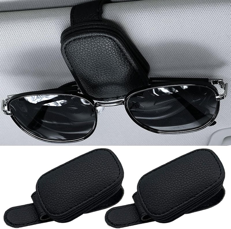 Sipery Leather Sunglasses Holder for Car Sun Visor, Eyeglass Hanger Clip Magnetic for Vehicle Sunglasses Hanging Ticket Card Clip, for Different Eyeglasses, Black, 2Pack | Eyeglass Hanger Clip, Magnetic, Ticket Card Clip, Different Eyeglasses - Image 1