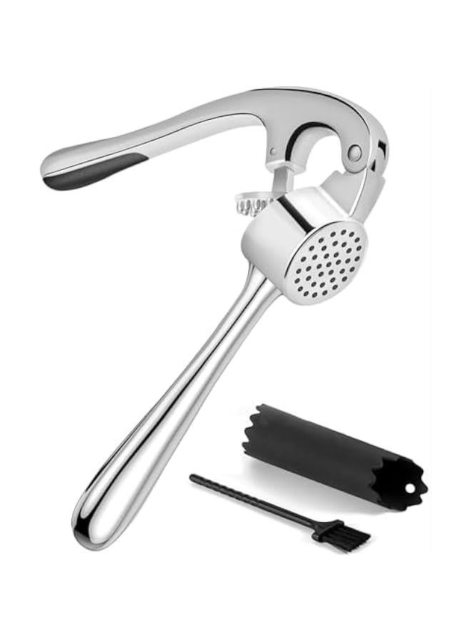 BWSJ Premium Garlic Press with Silic Roller Peeler Cleaning Brush Soft EasySqueeze Ergonomic Handle Crusher Peeler Set Dishwasher Safe Rustproof - Image 1