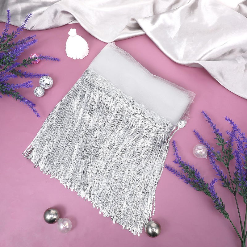 salbsever 5 Yards Silver Fringe, Silver Sequins Lace Tassel Fringe Trim for DIY Dress Sewing Crafts Home Decor Party Dress Stage Costume Embellishment - Image 3