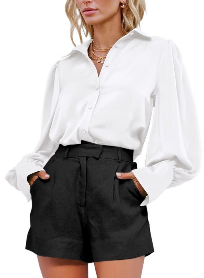 BTFBM Women Satin Blouses Summer Fall Clothes Button Down Lantern Long Sleeve Shirts Work Business Casual Dressy Tops, White, M - Image 1