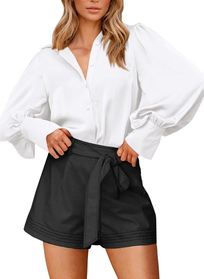 BTFBM Women Satin Blouses Summer Fall Clothes Button Down Lantern Long Sleeve Shirts Work Business Casual Dressy Tops, White, M - Image 2