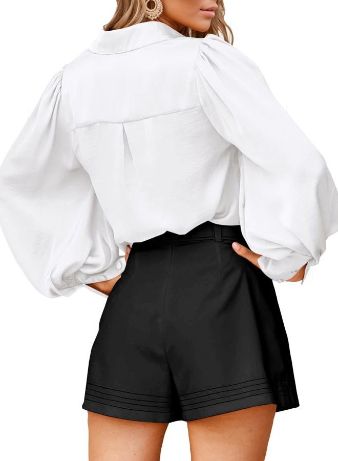 BTFBM Women Satin Blouses Summer Fall Clothes Button Down Lantern Long Sleeve Shirts Work Business Casual Dressy Tops, White, M - Image 5