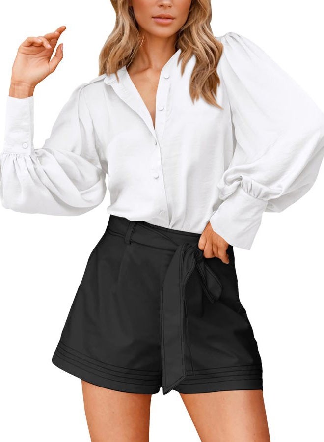 BTFBM Women Satin Blouses Summer Fall Clothes Button Down Lantern Long Sleeve Shirts Work Business Casual Dressy Tops, White, M - Image 4
