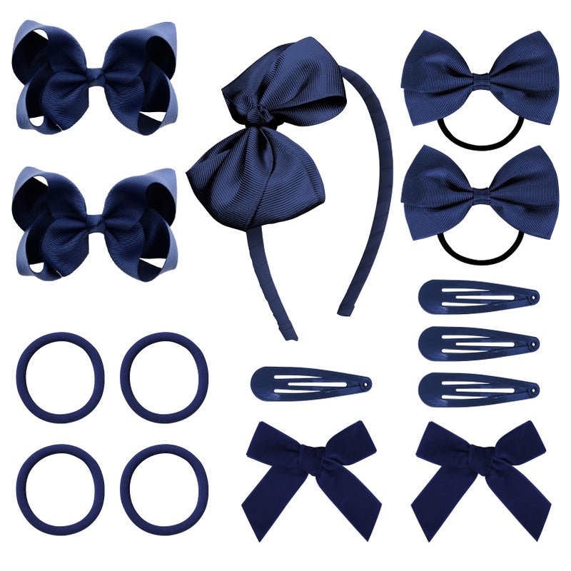 DEEKA Navy Blue Hair Accessories Set - 15 Pieces Uniform Hair Bows, Hair Clips, Headband, Hair Ties for Little Girls - Navy Blue - Image 1
