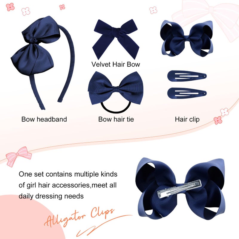 DEEKA Navy Blue Hair Accessories Set - 15 Pieces Uniform Hair Bows, Hair Clips, Headband, Hair Ties for Little Girls - Navy Blue - Image 2