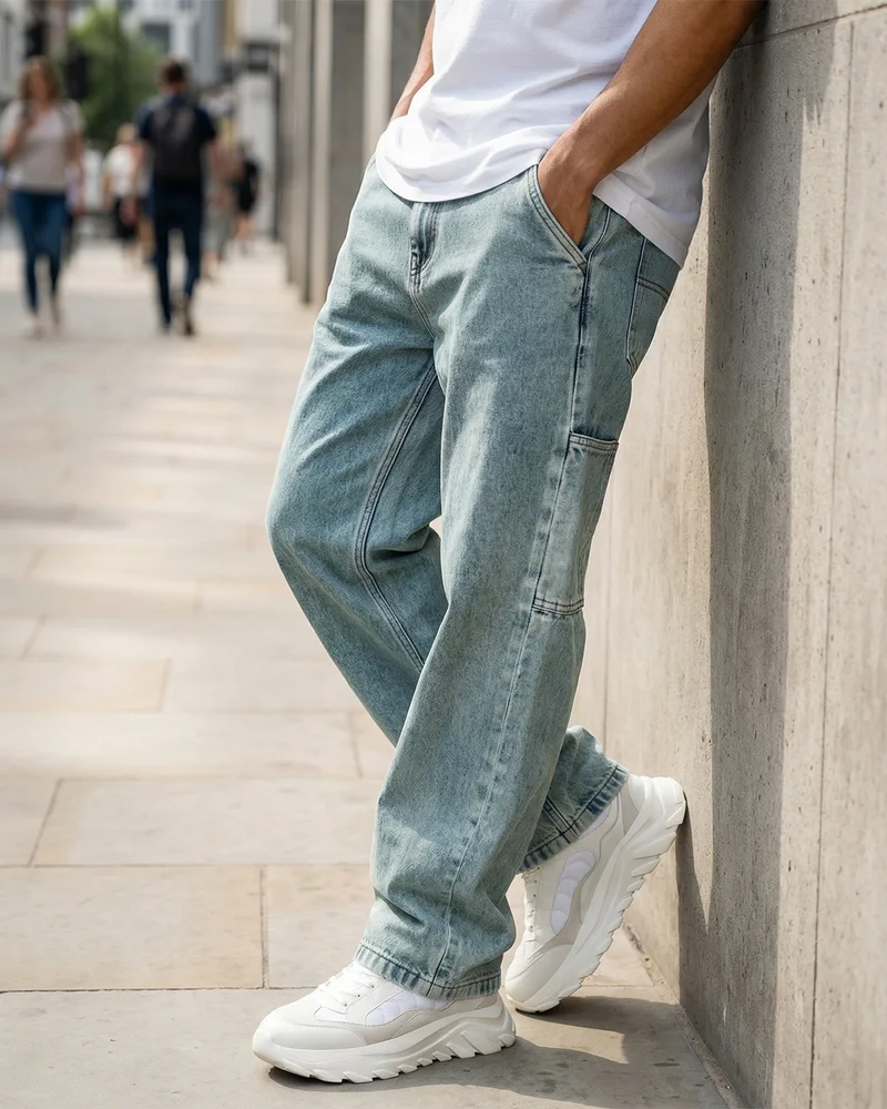 Men's Light Blue Washed Baggy Fit Mid-Rise Jeans