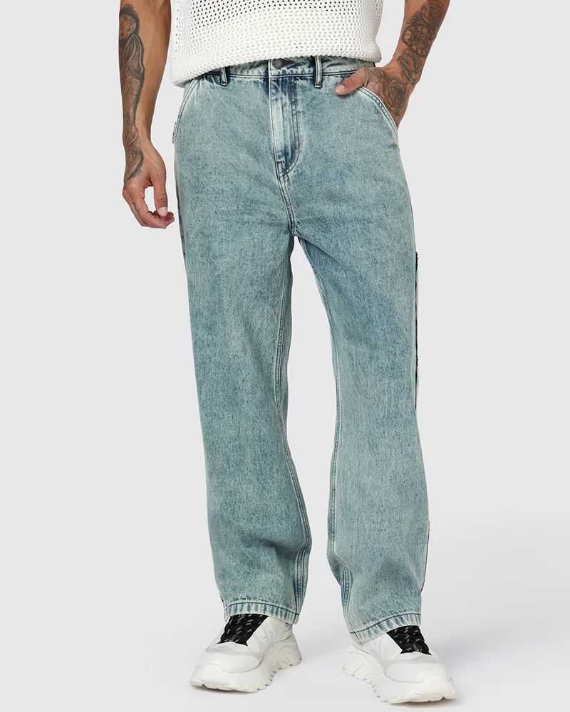 بيواكوف Men's Light Blue Washed Baggy Fit Mid-Rise Jeans