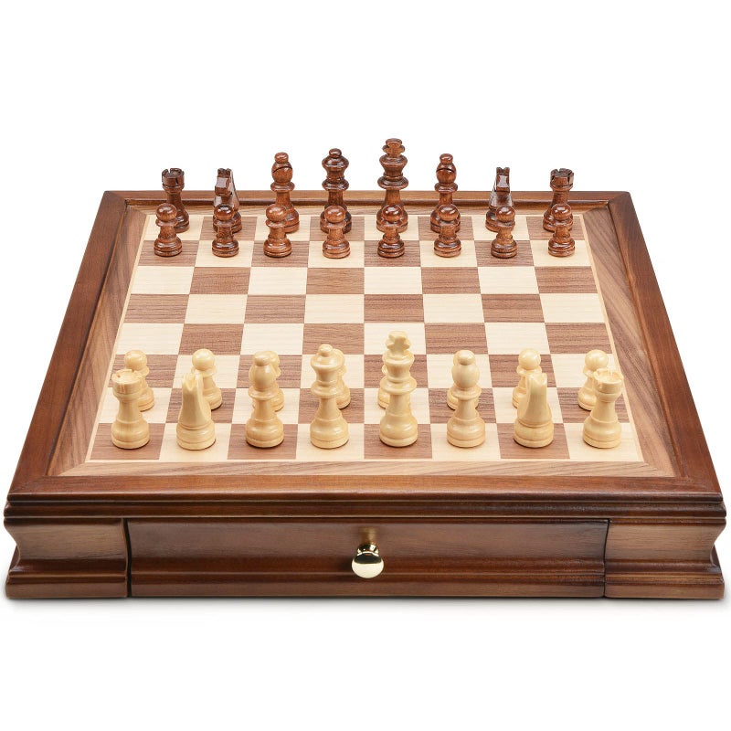 AMEROUS 12.8" x 12.8" Magnetic Wooden Chess Set with 2 Built-in Storage Drawers - 2 Bonus Extra Queens - Gift Packaging - Staunton Chess Pieces, Board Games Chess Sets for Adults and Kids - Image 4