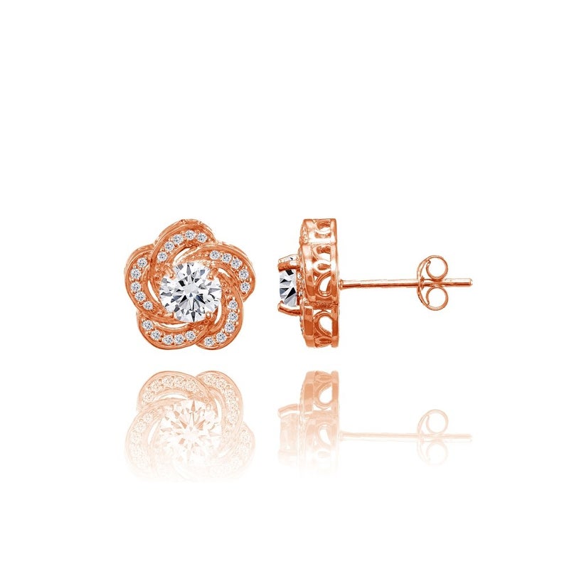 Hoops & Loops Yellow Gold Flashed Sterling Silver Cubic Zirconia Swirl Flower Stud Earrings - Image 1