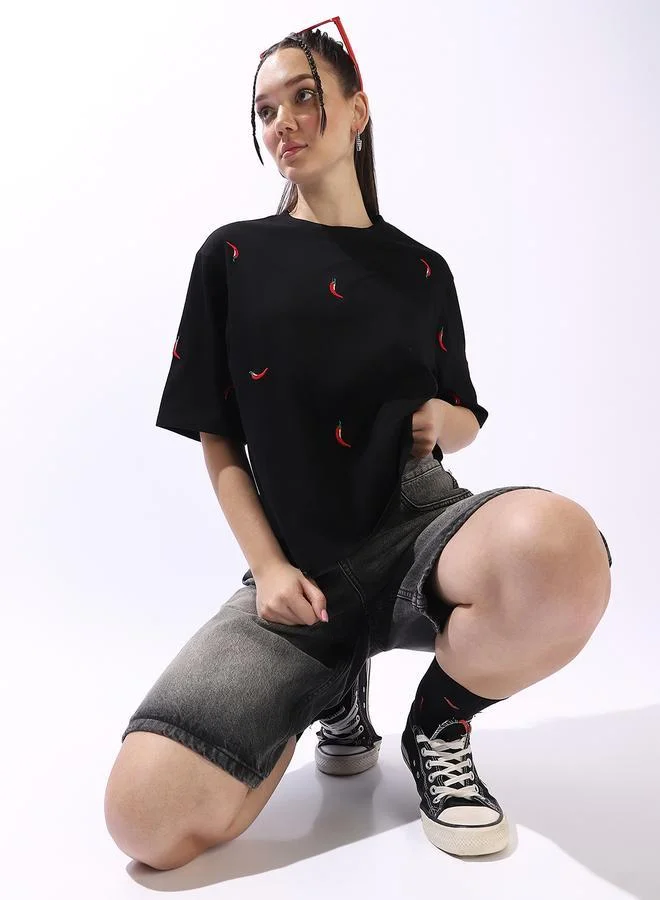 Hubberholme Women's Black 100% Cotton Embroidered Oversized T-Shirt