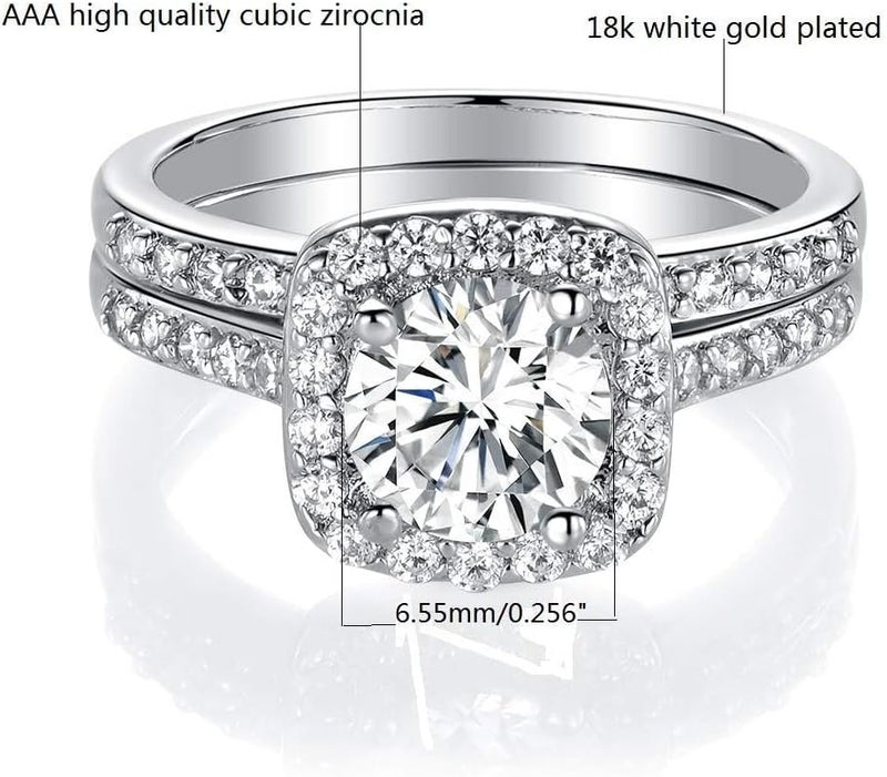 MDFUN 18K White Gold Plated Cubic Zirconia Two-in-One Halo Wedding Engagement Promise Eternity Ring for Women - Image 3