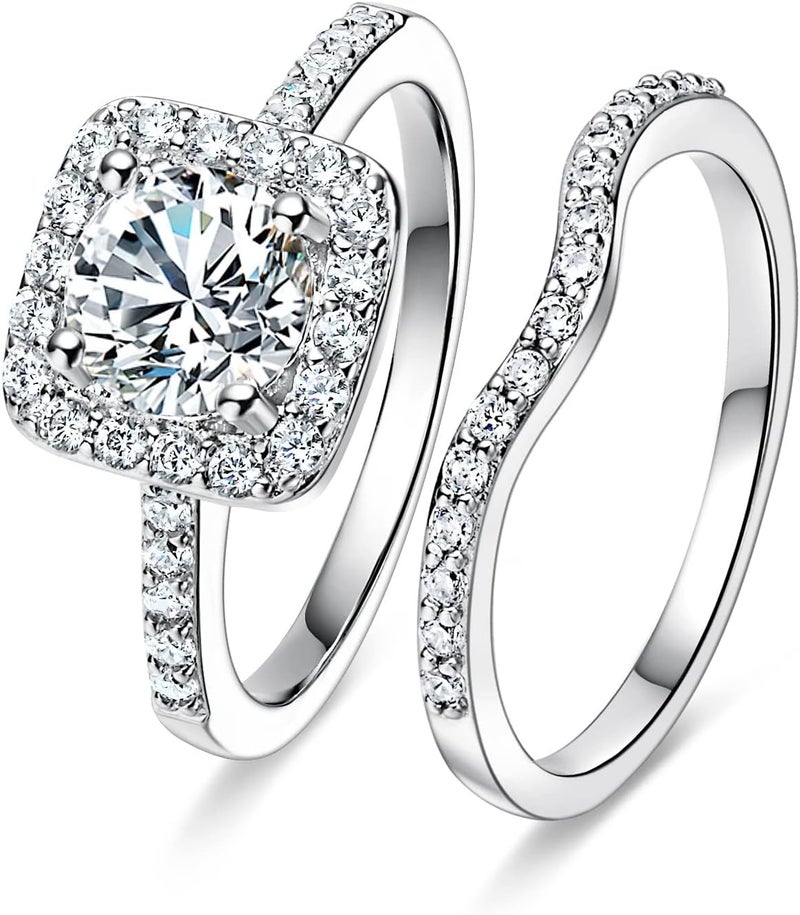 MDFUN 18K White Gold Plated Cubic Zirconia Two-in-One Halo Wedding Engagement Promise Eternity Ring for Women - Image 1