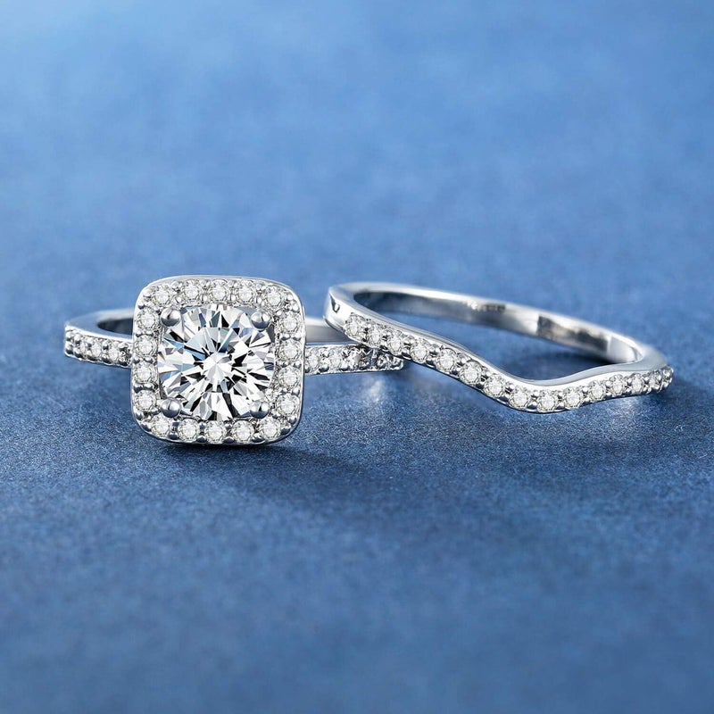 MDFUN 18K White Gold Plated Cubic Zirconia Two-in-One Halo Wedding Engagement Promise Eternity Ring for Women - Image 4