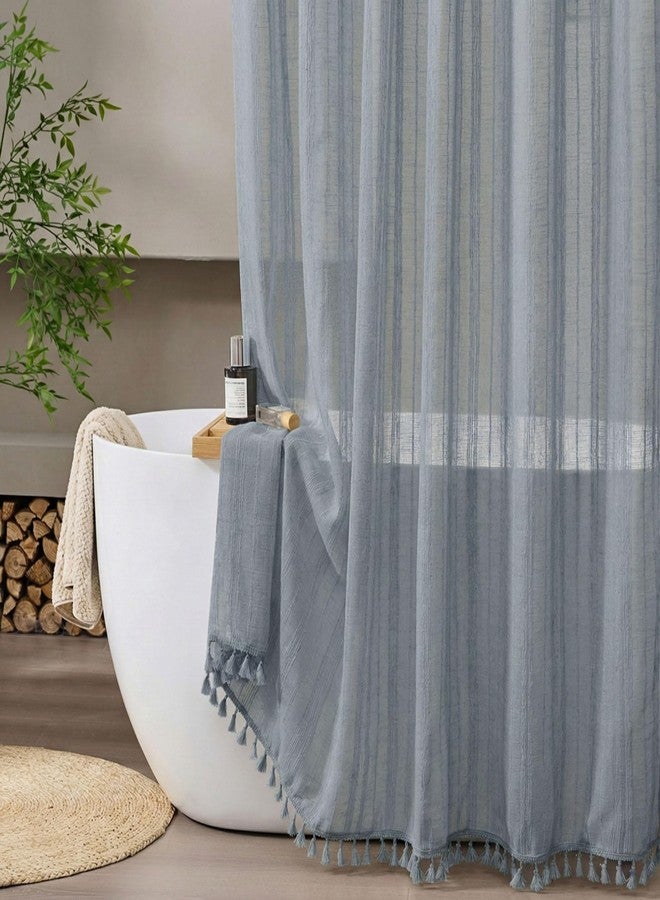 Siiluminisoy Fog Blue Shower Curtain Linen Shower Curtain Beige Boho Shower Curtain for Bathroom Rustic Striped French Country Shabby Chic Shower Curtains, 72” x 72“ - Image 1