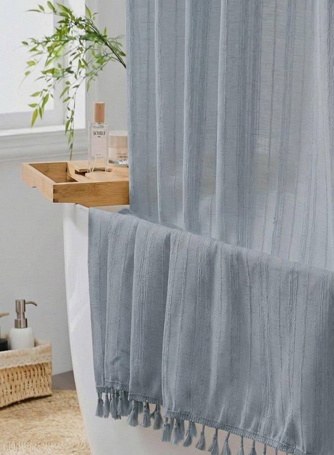 Siiluminisoy Fog Blue Shower Curtain Linen Shower Curtain Beige Boho Shower Curtain for Bathroom Rustic Striped French Country Shabby Chic Shower Curtains, 72” x 72“ - Image 2
