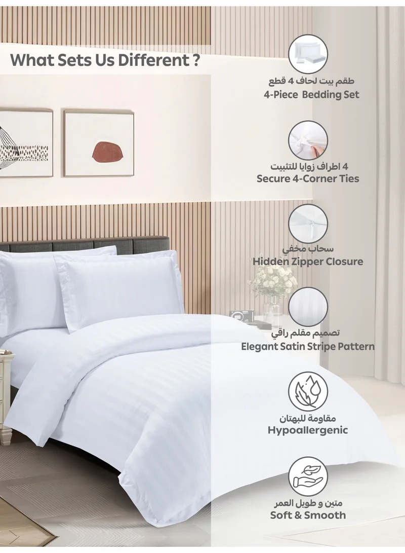 Donetella Bright White Hotel Striped Duvet Cover Set, Fits 180x200 cm Size Bed, 4-Pcs Queen Size Bedding Set, Brushed Microfiber Fabric, (Filler Not Included).  | Best Price UAE