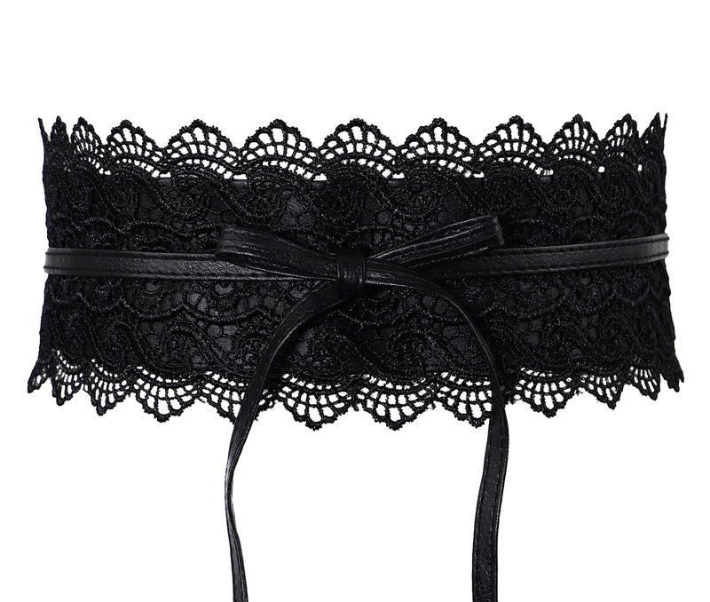 Lovful Womens Lace Waist Belt Wrap Self Tie Obi Style Belt Faux Leather Cinch Boho Dress Belts,Black - Image 1