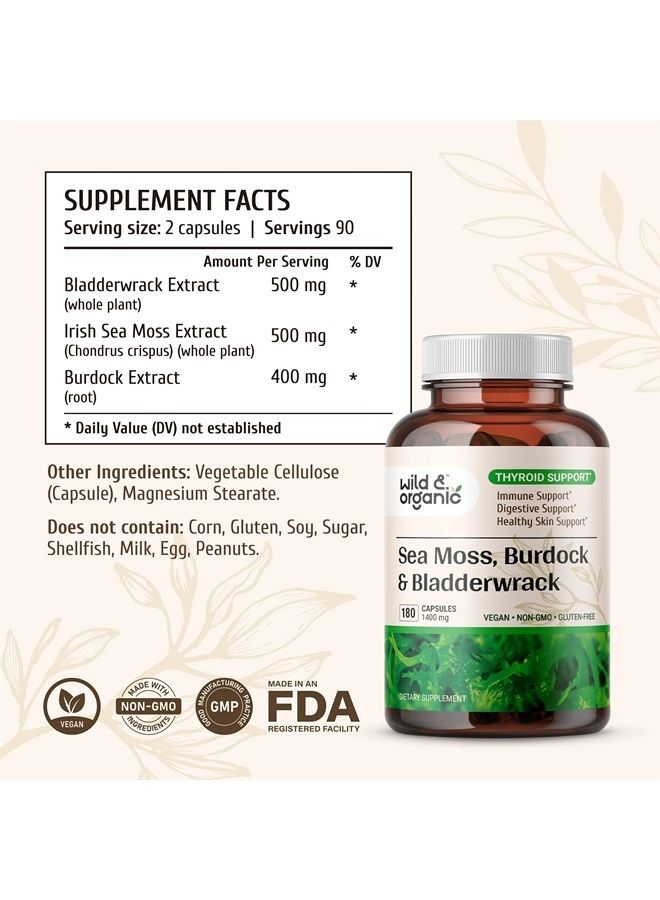 Wild & Organic Sea Moss Capsules - 180 Caps Wildcrafted Irish Moss, Burdock Root & Bladderwrack Vegan Supplement - Superfood Support for Keto Diet - Non-GMO Capsules for Thyroid & Digestive Health - Image 1