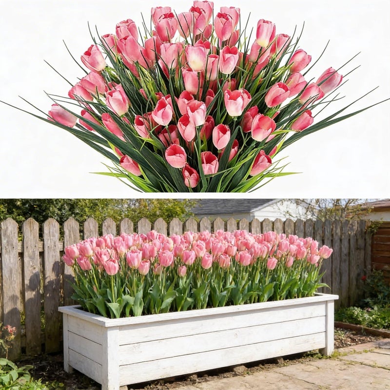 XunYee 100 Pcs Artificial Tulips Fake Flowers Bulk Plastic Faux Tulip Stems 16 Inches Spring Flowers for Outdoor Garden Indoor Home Wedding Mother Day Office Table Centerpieces Vase DecorPink - Image 2
