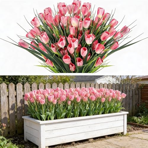 XunYee 100 Pcs Artificial Tulips Fake Flowers Bulk Plastic Faux Tulip Stems 16 Inches Spring Flowers for Outdoor Garden Indoor Home Wedding Mother Day Office Table Centerpieces Vase DecorPink - Image 1