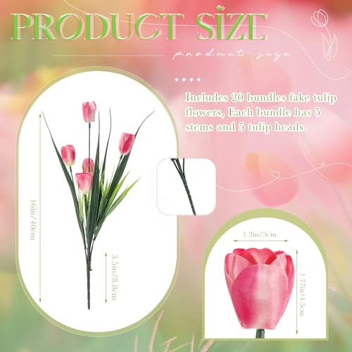 XunYee 100 Pcs Artificial Tulips Fake Flowers Bulk Plastic Faux Tulip Stems 16 Inches Spring Flowers for Outdoor Garden Indoor Home Wedding Mother Day Office Table Centerpieces Vase DecorPink - Image 3