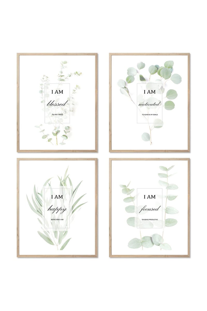 HoozGee Motivational Botanical Plants Wall Art Prints Set of 4 Boho Sage Green Leaf Eucalyptus with Encouragement Words for Office Bedroom Decor Canvas Posters (8"x10" UNFRAMED) - Image 1