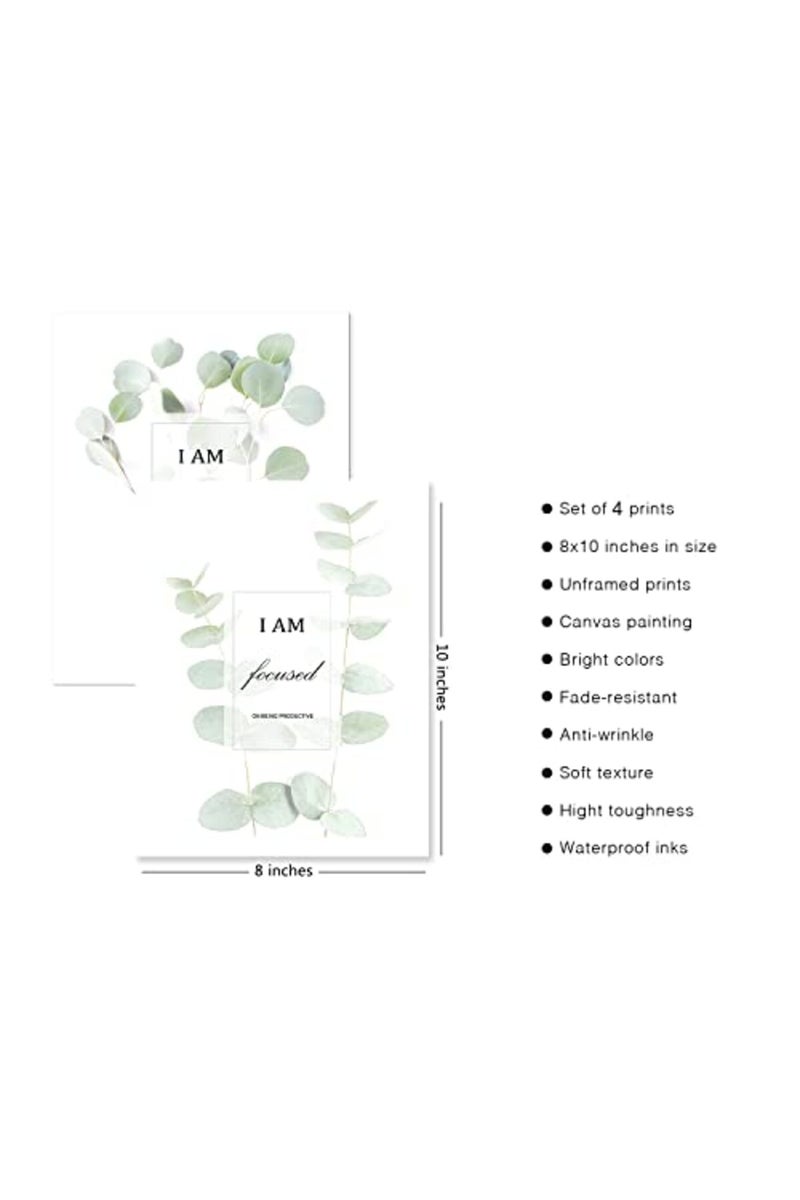HoozGee Motivational Botanical Plants Wall Art Prints Set of 4 Boho Sage Green Leaf Eucalyptus with Encouragement Words for Office Bedroom Decor Canvas Posters (8"x10" UNFRAMED) - Image 2