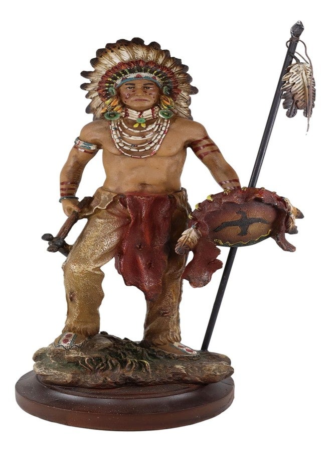 Ebros Gift Battle Ready War Path Native American Indian Warrior Tribal Chief with Battle Headdress Holding Spear Axe and Shield Statue As Home Decor Sculpture Cultural Heritage History Figurine - Image 1