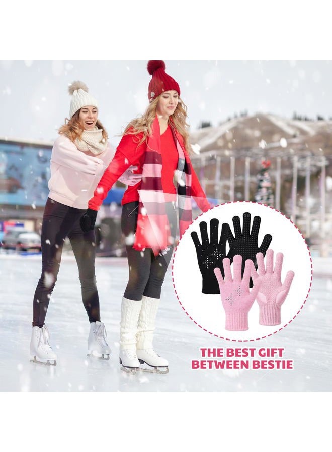 Toulite 3 Pairs Adult Winter Gloves, Non Slip Gel Grip Warm Gloves with Rhinestone Crystals for Ice Skating, Driving, Walking(Pink, Black, Nude) - Image 4