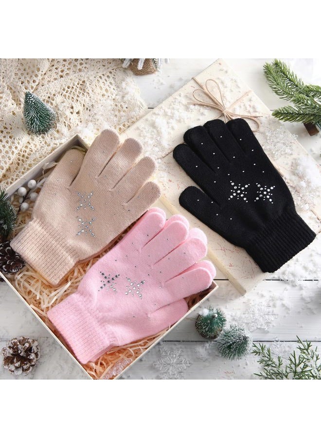 Toulite 3 Pairs Adult Winter Gloves, Non Slip Gel Grip Warm Gloves with Rhinestone Crystals for Ice Skating, Driving, Walking(Pink, Black, Nude) - Image 5
